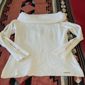 Michael Kors Ivory Off The Shoulder Sweater with Gold Metallic Details.